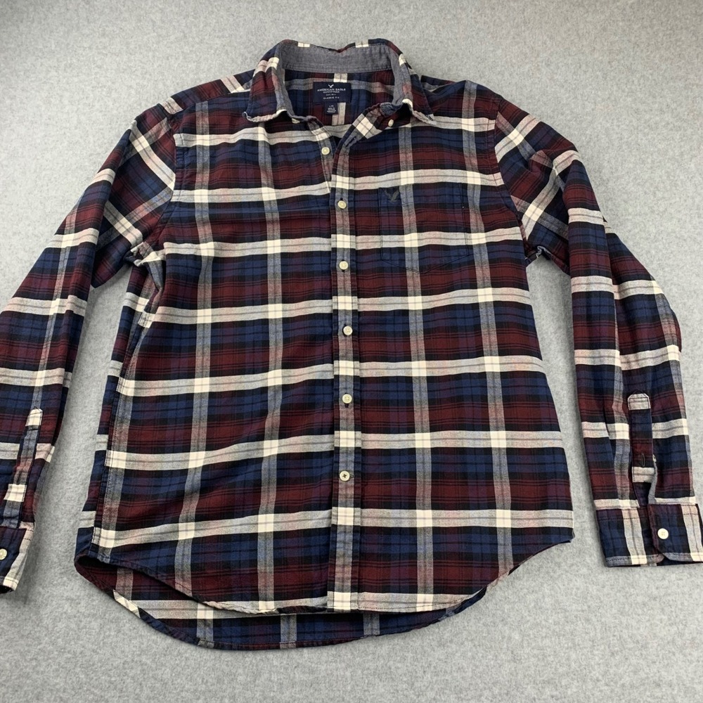 American Eagle Button Down Shirt Mens L Maroon Blue Plaid Classic Fit Flannel